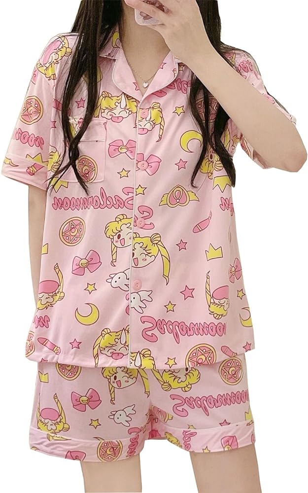 Tsukino Usagi Pajamas for Women Girls Sleepwear Loungewear Short Sleeve Shirt with Shorts 2 Piece Sets