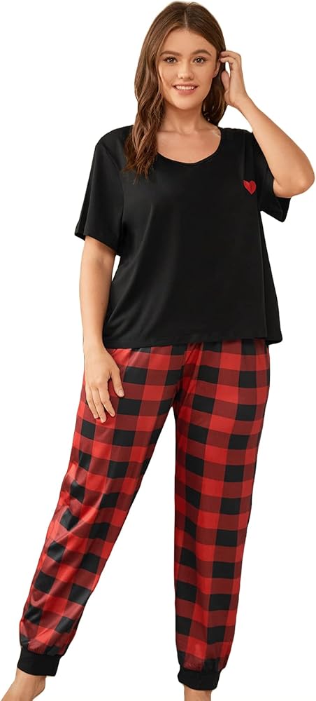 OYOANGLE Women's Plus Size Two-Piece Short Sleeve Pajama Set Tshirt and plaid Pants Lounge Set Sleepwear