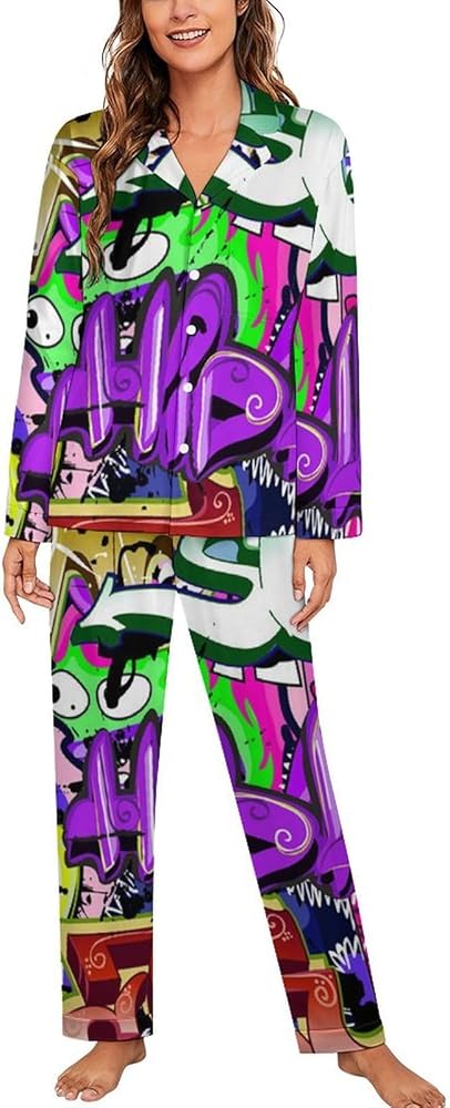 Graffiti Wall Art Paintings Women's Pajamas Set Long Sleeve Sleepwear Button Down Cuban Collar Pjs Lounge Sets