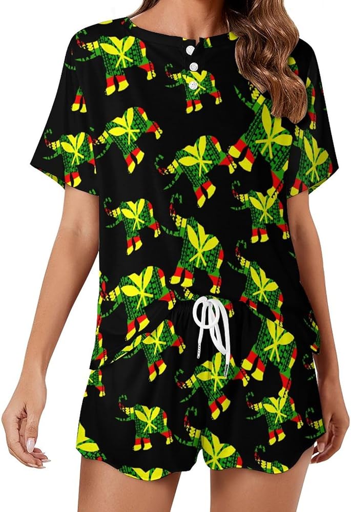 Tribal Kanaka Maoli Elephant Flag Classic Women's Pajamas Loungewear Set Loose Short Sleeve Sleepwear With Pockets