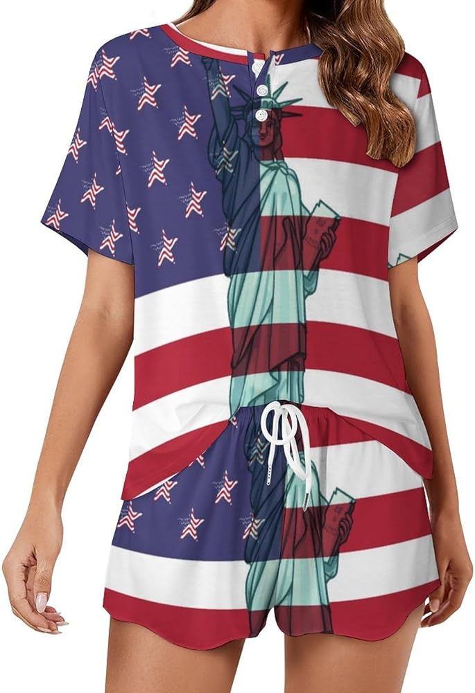 Statue of Liberty American Flag Classic Women's Pajamas Loungewear Set Loose Short Sleeve Sleepwear With Pockets