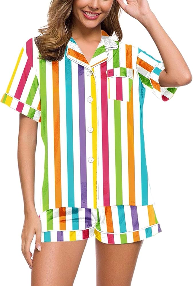 2 Piece Y2k Pj Sets Pajamas Womens Rainbow Stripes Short Sleeve Sleepwear Soft Button Down Loungewear Pjs Shorts Set