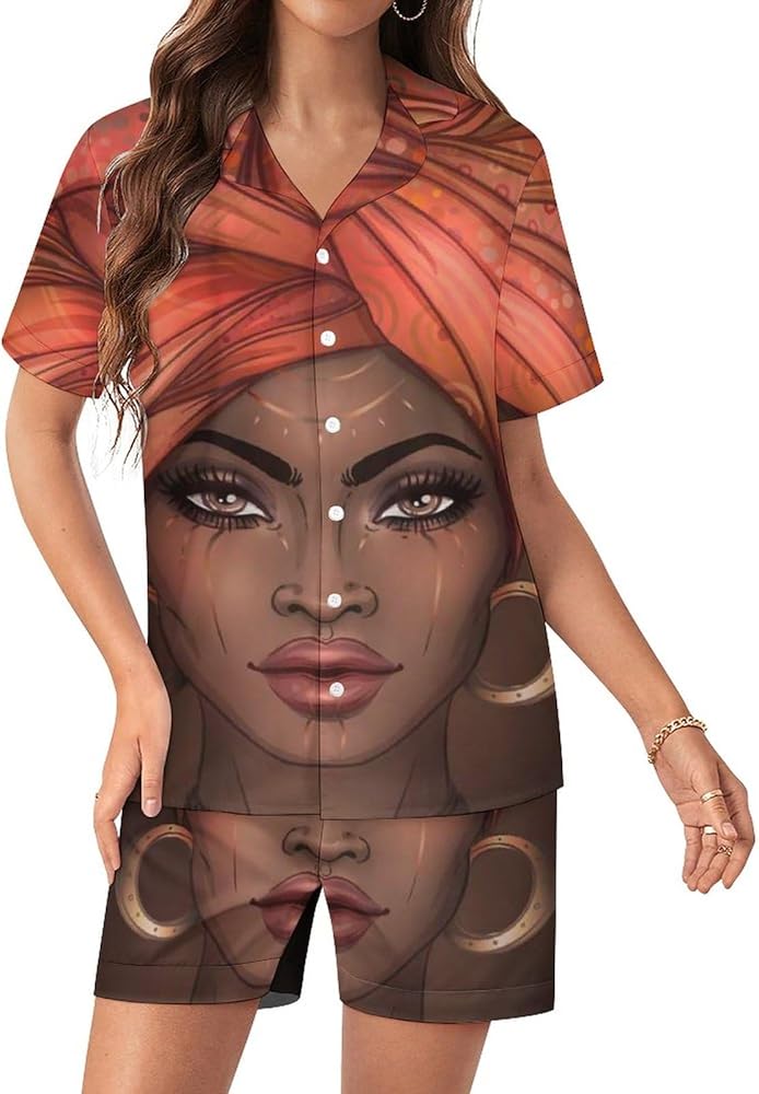 African American Pretty Girl Women's Silk Pajama Set Short Sleeve Sleepwear Loungewear Pj Set