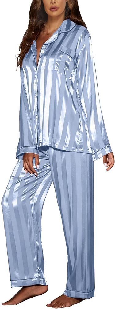 Women's Silk Satin Pajamas Button Down Long Sleeve Top with Pants Sleepwear PJ Set