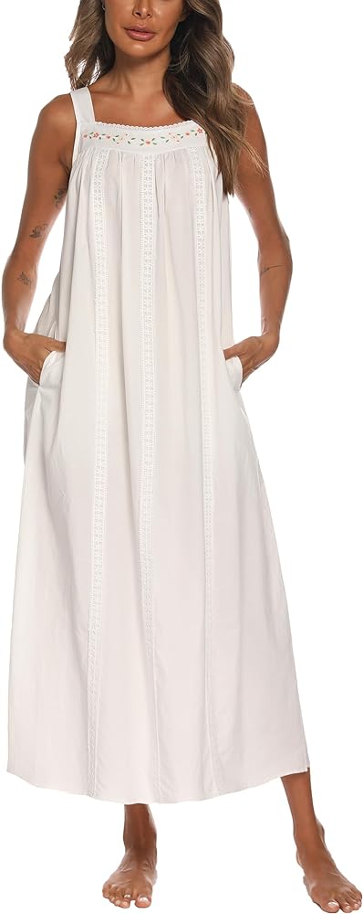 YOZLY Cotton Nightgowns for Women Embroidery Sleeveless Night Gown with Pockets S-XXL