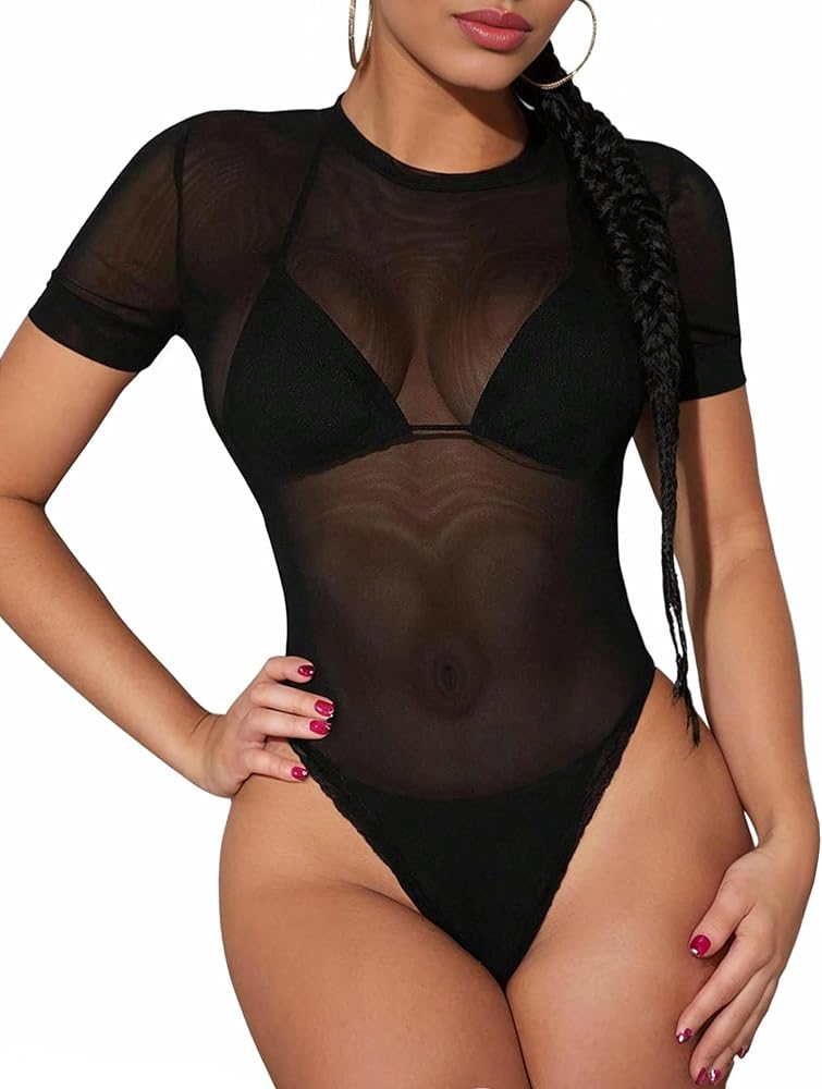 Avidlove Short Sleeve Bodysuit for Women Mesh Bodysuit Women Going Out Tops Sexy Shirts