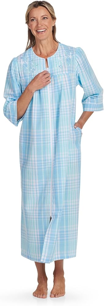 Miss Elaine Women's Long Seersucker Robe, Front Zipper, 3/4 Sleeves, Two Insert Pockets, Sleepwear and Loungewear