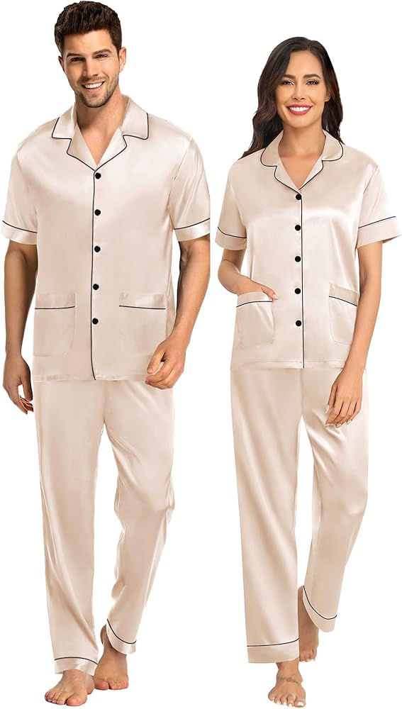 SWOMOG Satin Matching Pajamas Sets Silk Couple Pj Sets Button Down Loungewear 2 Pieces Short Sleeve Sleepwear with Pants