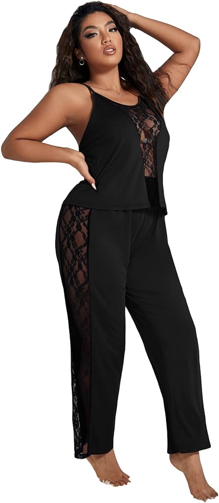 OYOANGLE Women's 2 Piece Plus Size Lace Pajama Set Pjs Sleepwear Set Lounge Sets V Neck Cami Top and Pants