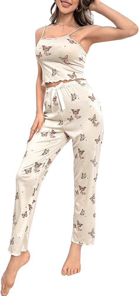 Floerns Women's Butterfly Print Crop Cami Top With Pants Letture Two Piece Pajama Set Loungewear