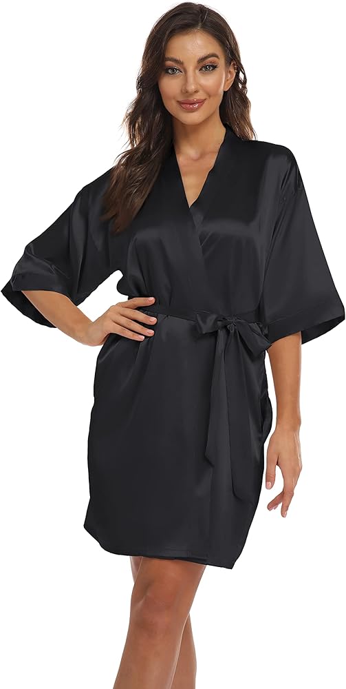 Women's Pure Short Kimono Robes Bride Bridesmaids Silky Bathrobe Lightweight Satin Sleepwear