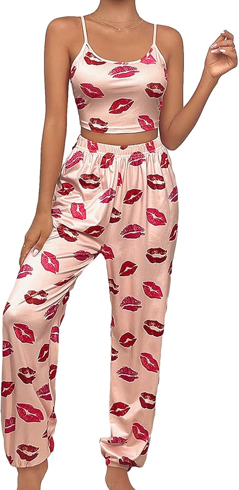 SOLY HUX Women's Pajama Set Lip Print Cami Top and Pants Loungewear Sleepwear