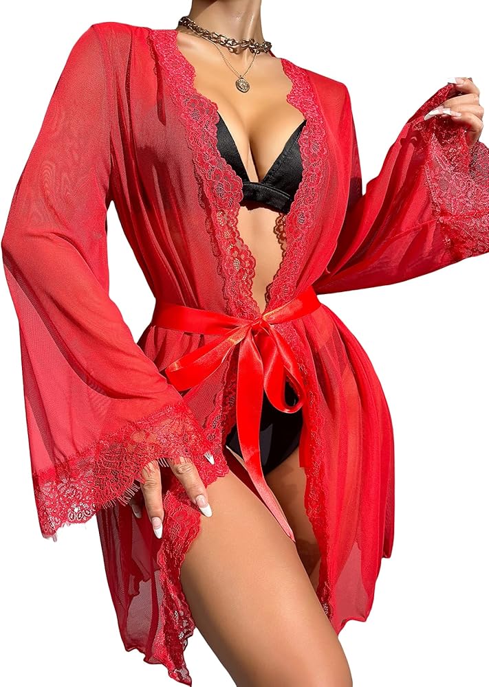 WDIRARA Women's See Through Lace Trim Long Sleeve Belted Short Sheer Robe Kimono