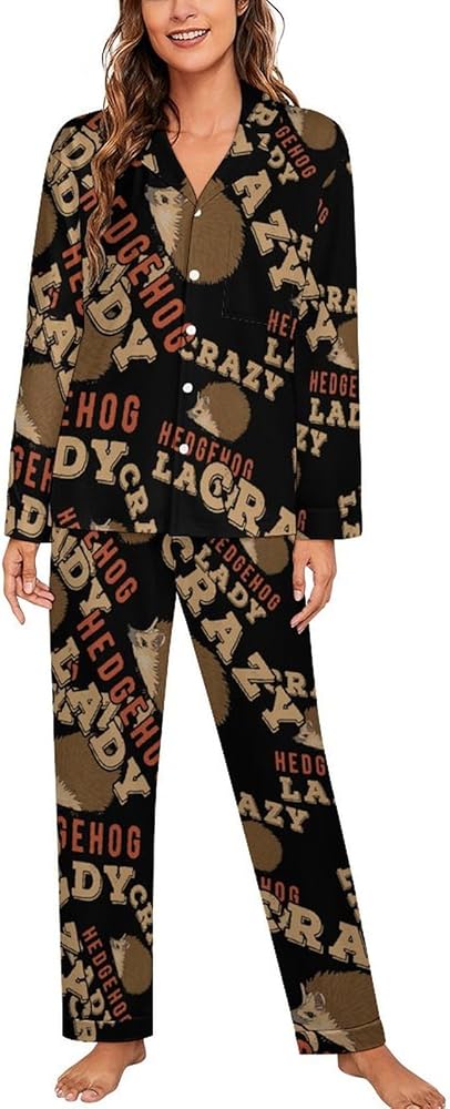 Crazy Hedgehog Lady Women's Pajamas Set Long Sleeve Sleepwear Button Down Cuban Collar Pjs Lounge Sets