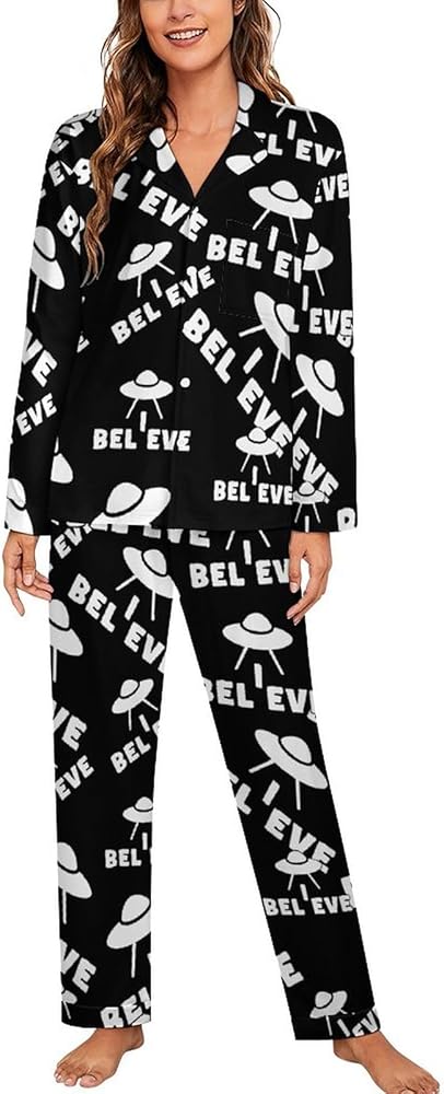 Believe UFO 2 Pcs Pajamas For Women Set Cuban Collar Long Sleeve Sleepwear Nightwear Loungewear