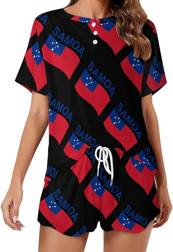 Flag of Samoa Women's 2 Piece Pajamas Short Sleeve Shorts Sleepwear Set Causal Loungewear Home Suit 4XL