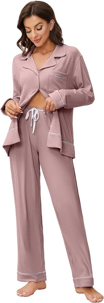 HEARTNICE Women Soft Pajama Sets, Long Sleeve knit Sleepwear Button Up 2-Piece Pjs Lounge Sets