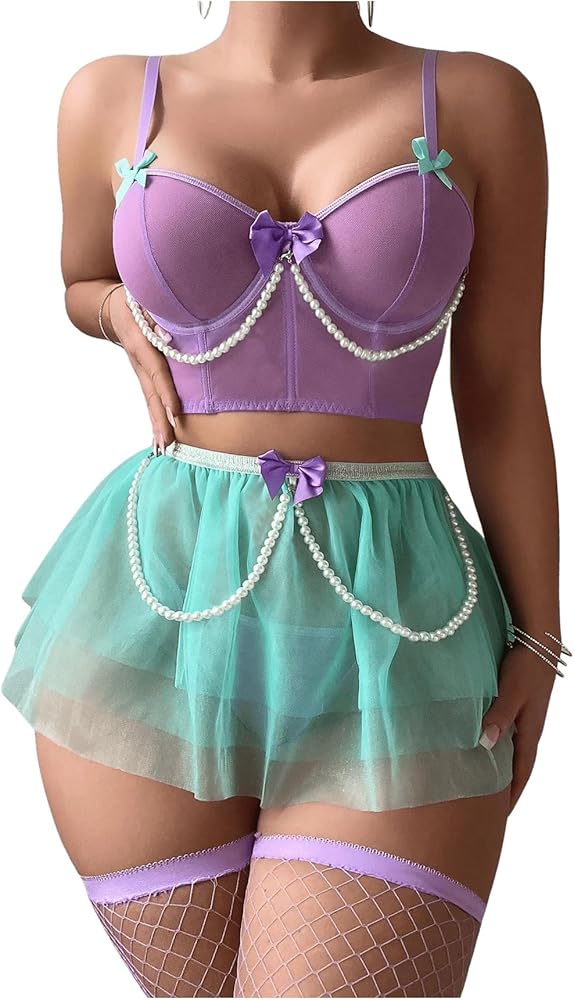 SHENHE Women's Colorblock Bowknot Pearl Lingerie Set with Mesh Skirt Babydoll Bodysuit