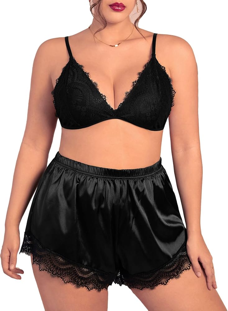 SHENHE Women's Plus Size Satin Sleepwear Lace Cami Crop Top and Shorts Sexy Pajama Set Black 1XL