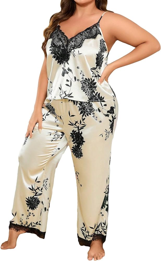 Verdusa Women's Plus Size Floral Print Satin Pajamas Set Sleepwear Lace Cami Top and Pant