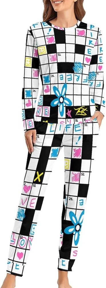 Crossword Puzzle with Flowers Women's Pajama Sets Two Piece Long Sleeve Lounge Sleepwear with Pockets