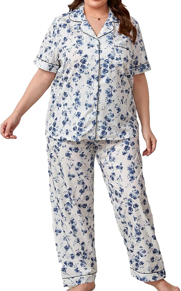 WDIRARA Women's Plus Size 2 Piece Sleepwear Floral Print Short Sleeve Button Shirt and Pants Pajama Set