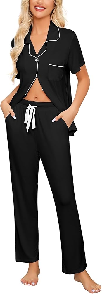 Anjue Pajamas for Women Soft Button Up Pajama Set Short Sleeve Shirt and Long Pants Lounge Sets S-XXL