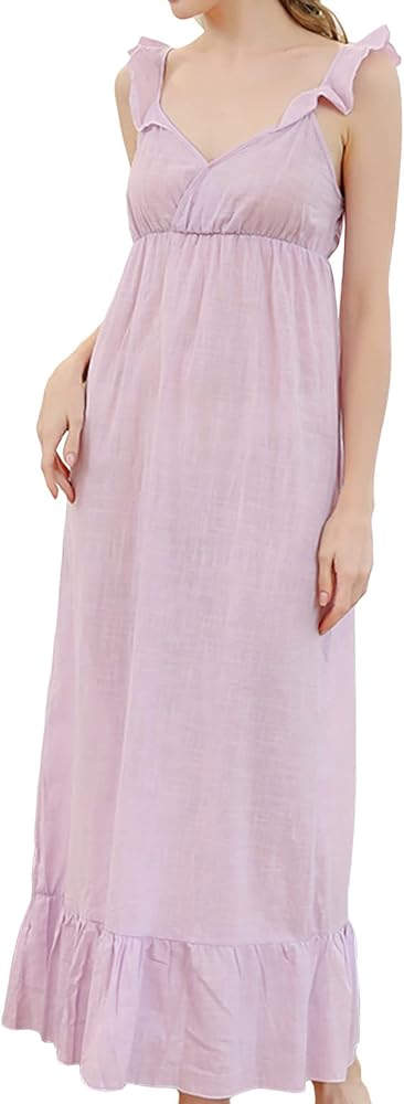 Lu's Chic Women's Long Nightgown Summer Linen Maxi Ruffled Sleeveless V Neck Pajama Sleep Dress