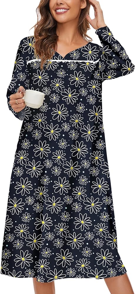 AVIIER Cotton Nightgowns for Women Soft Long Sleeve Ladies House Dress with Pockets S-XXL