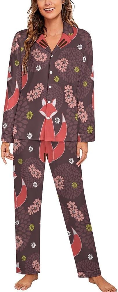 Cute Foxes with Flowers Women's Pajamas Set Long Sleeve Sleepwear Button Down Cuban Collar Pjs Lounge Sets