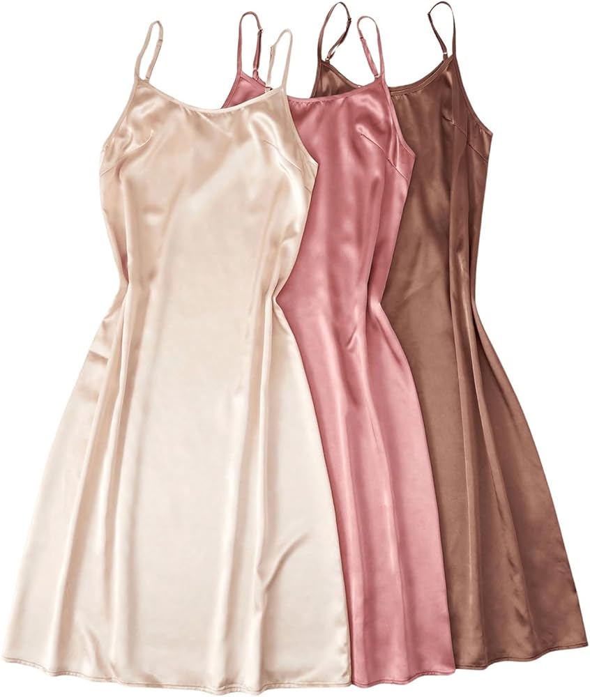 SOLY HUX Women's Silk Satin Nightgown Sleepwear Adjustable Strap Nightwear Chemise Sleeveless Slip Dress 3 Pack