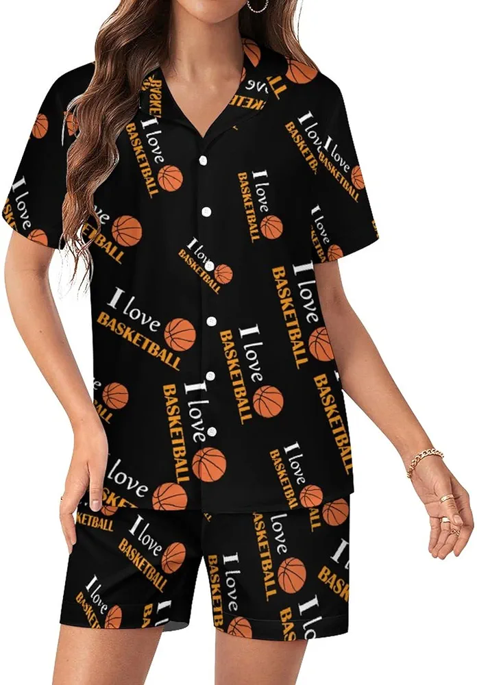 I Love Basketball Womens Silk Satin Pajama Set Button Down Pjs Sleepwear Two Piece Short Sleeve Top with Shorts 2XL