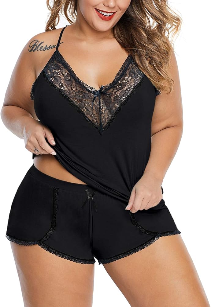 XAKALAKA Women Plus Size Pajamas Cami Shorts Set Nightwear Sexy Lace Lingerie Sleepwear