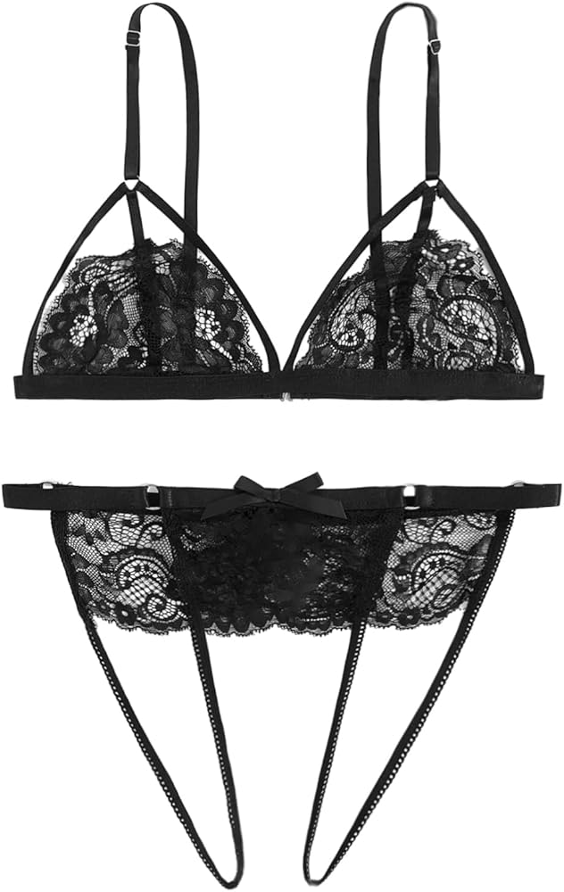 SOLY HUX Women's 2 Piece Lingerie Set Floral Lace Sexy Sheer Mesh Embroidered Garter Babydoll Wireless Bra and Panty Sets