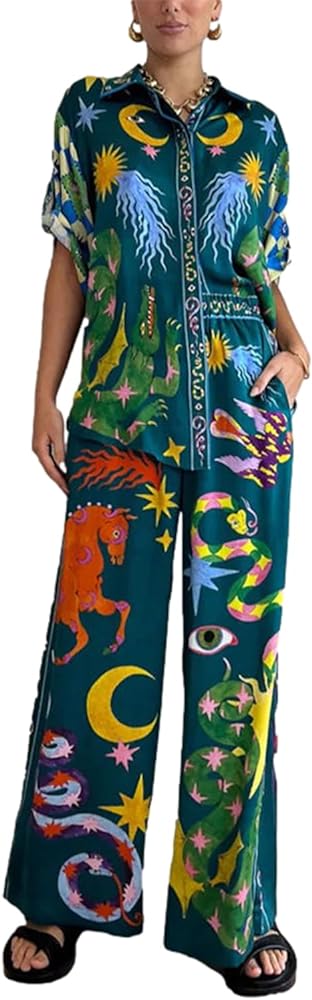 Women's Pajama Set Printed Lounge 2 Piece Outfits Soft Button Down Sleepwear Pants and Top