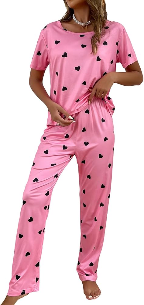 Women's 2 Piece Pajama Set Heart Print Short Sleeve Round Neck Tee Top and Pants Pj Set Cute Sleepwear