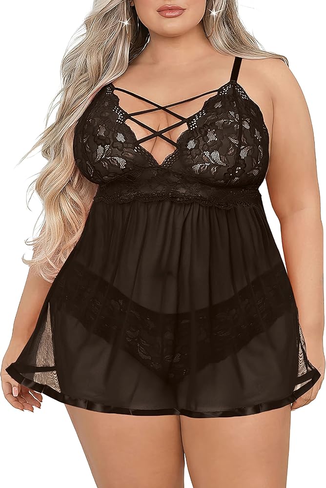 JuicyRose Women's Plus Size Lingerie Sets, Sexy Open Back Babydoll Strappy Lace Chemise