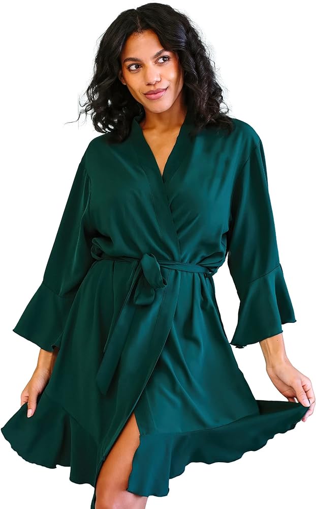 Belle's Design Women’s Ruffle short Robe Kimono Style Satin Silk With Long Sleeve Bridesmaid Loungewear Sleepwear