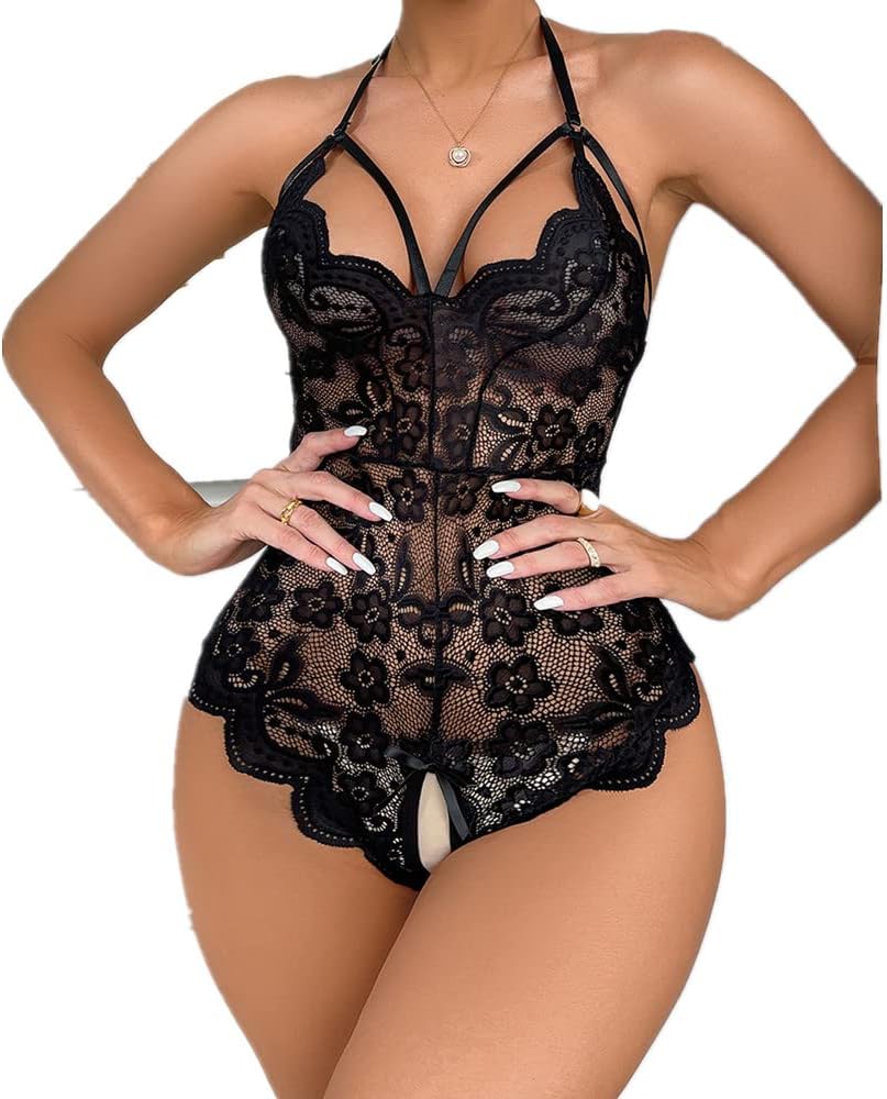 Women's Backless Sexy Lingerie Strap Bodysuit Halter Deep V Neck Teddy Lace Babydoll Underwear Nightwear