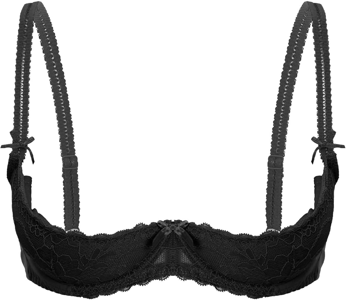 ACSUSS Womens Sheer Lace 1/4 Cups Lingerie Bras Bare Exposed Breast Underwire Push Up Bra Tops