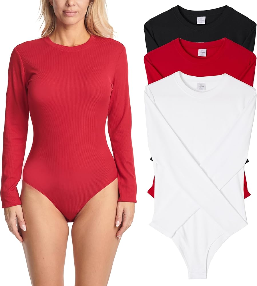 Real Essentials 3 Pack: Women's Round Neck Long Sleeve Ribbed Bodysuit Shirt Tops (Available in Plus Size)