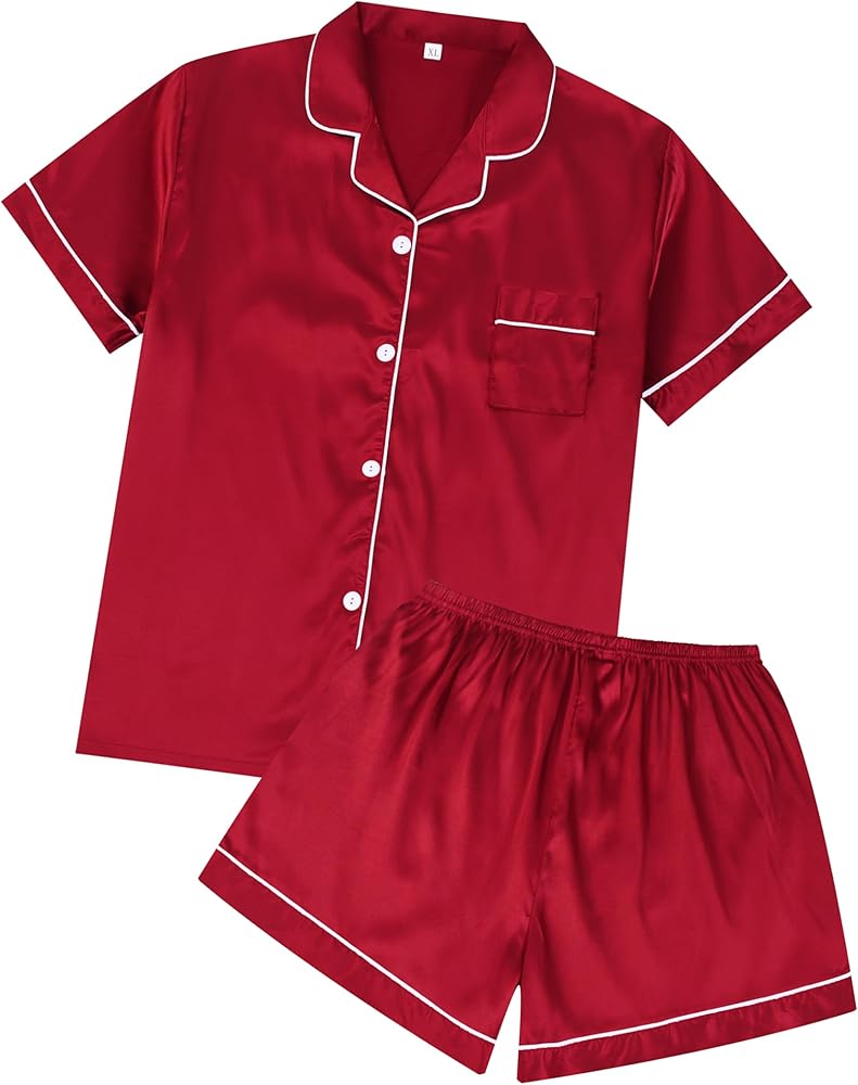 Women Pajamas Silk Sleepwear Short Sleeve Size S-XXL, Adult Soft Satin Button-Down Loungewear 2 Piece Pjs Shorts Set