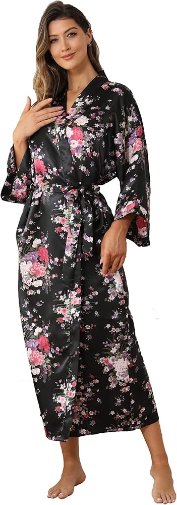 Women's Satin Kimono Robe Floral Long Silky Robes Bridal Kimonos Bridesmaid Party Dressing Gown