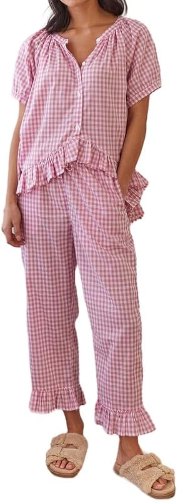 Women Plaid 2 Piece Pajama Set Y2K Tie Front Puff Sleeve Babydoll Shirt Gingham Pants Loungewear Sleepwear Pjs