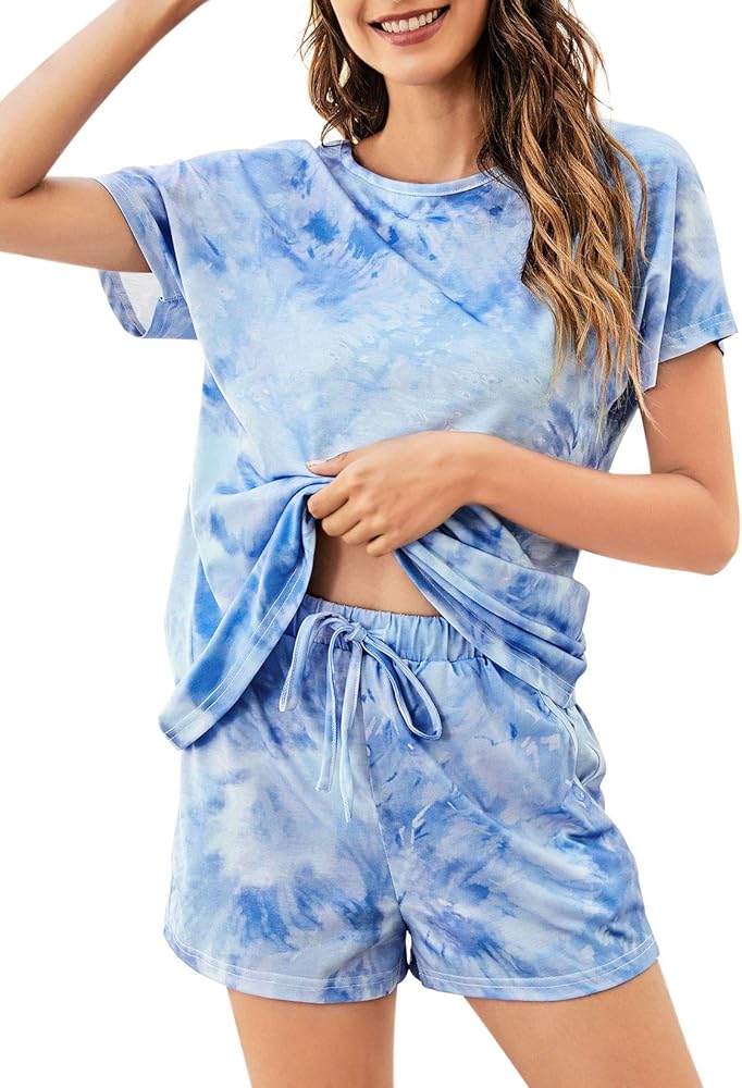 HOCOSIT Womens Tie Dye Printed Pajamas Short Sleeve Tops and Shorts Set Sleepwear 2 Piece Pjs Sets Loungewear