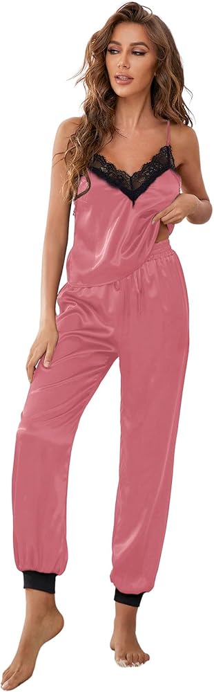 GORGLITTER Women's 2 Piece Satin Pajama Set Lace Trim Sleeveless Cami Top Drawstring Waist Pants Sleepwear