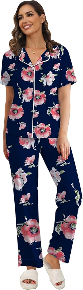 Especial Petite Women Floral Pajamas Set Button Down Sleepwear Short Sleeve Nightwear with Long Pants Soft Pjs Set