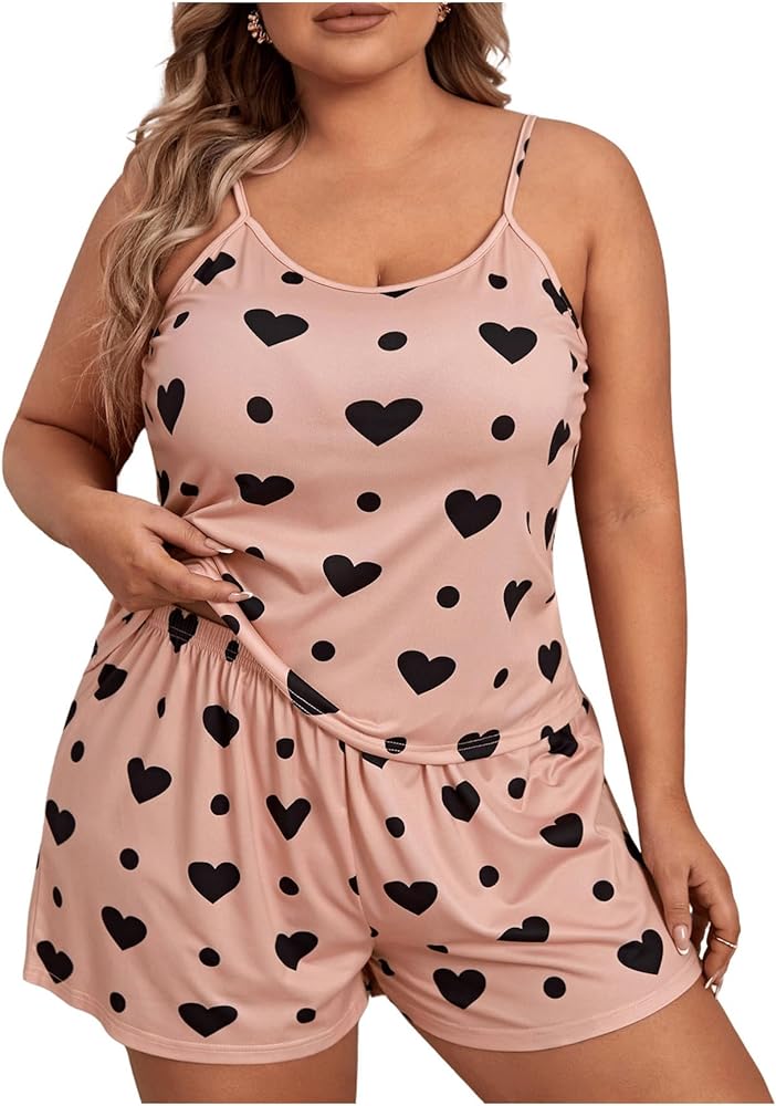 WDIRARA Women's Plus Size Sleepwear Heart Print Sleeveless Cami Top and Shorts Pajama Set