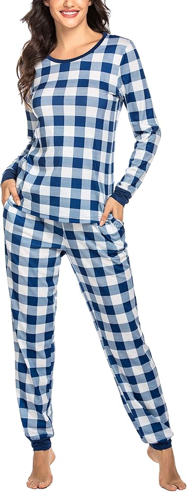 Ekouaer Women's Pajama Set Plaid Pj Long Sleeve Sleepwear Soft Contrast 2 Piece Lounge Sets