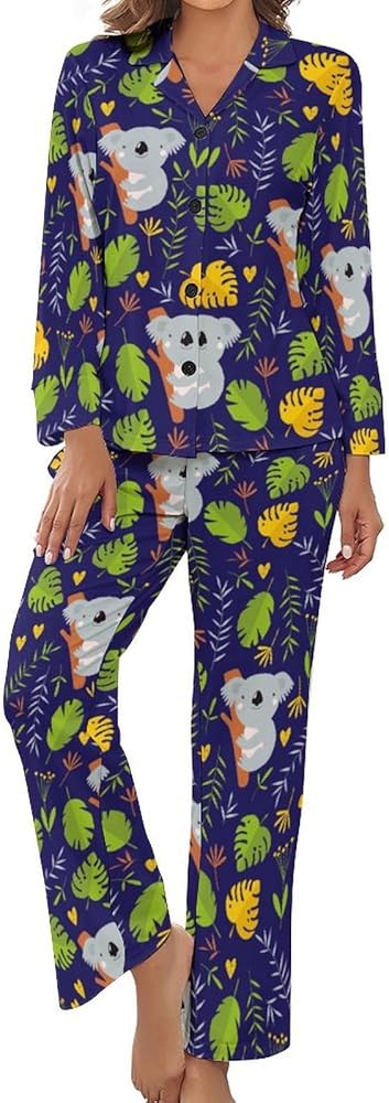 Koalas And Leaves Casual Women's Pajama Set 2-Piece Sleepwear Long Sleeve Loungewear